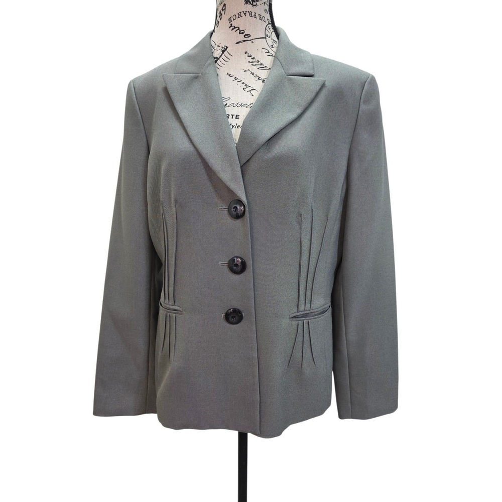 Evan-Picone Suit Blazer Womens 12 Gray Pin Tuck Pleated Front 3 Button Jacket